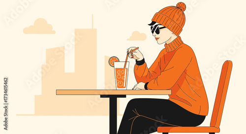 Stylish woman enjoying orange juice in a cafe with city view illustration art