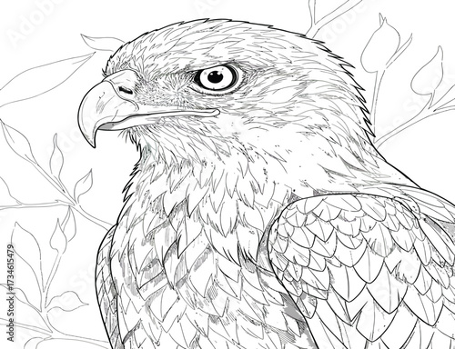 A detailed black and white line drawing of a majestic eagle's head and upper body, with delicate foliage in the background.