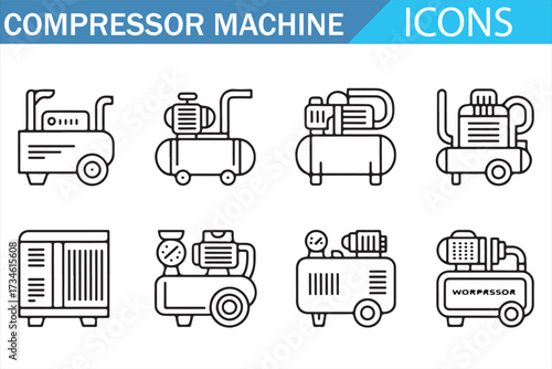 Air Compressor Machines Outline Icons Set