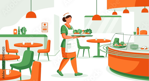 Stylized Illustration of a Waitress Serving Food in a Bright and Modern Restaurant Setting
