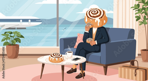 Surreal Airport Lounge Scene with Cinnamon Roll Headed Businessman Relaxing Before Flight