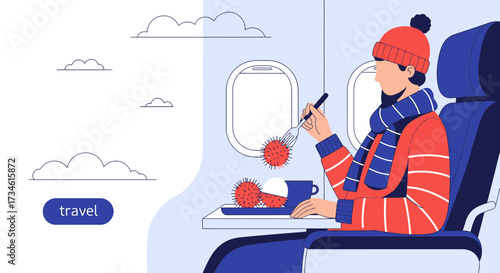 The dangers of flying during a pandemic: Illustration of a risky in-flight meal during travel