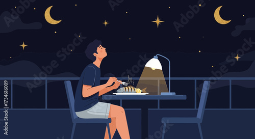 Tranquil evening scene of a man dining under the stars enjoying the stillness of the night
