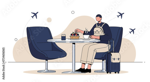Traveler enjoying a snack at the airport lounge before departure illustrated scene