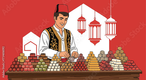 Traditional Turkish Delight Vendor Preparing Sweets for Ramadan Celebration Scene