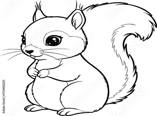 A detailed black and white illustration of a cute squirrel with a fluffy tail.