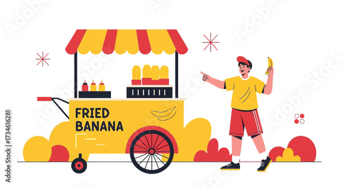 Vendor promoting fried banana at street food cart showcasing culinary delight and cultural