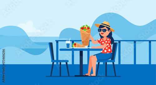 Vector illustration of a woman enjoying a kebab meal on a seaside terrace with beautiful ocean
