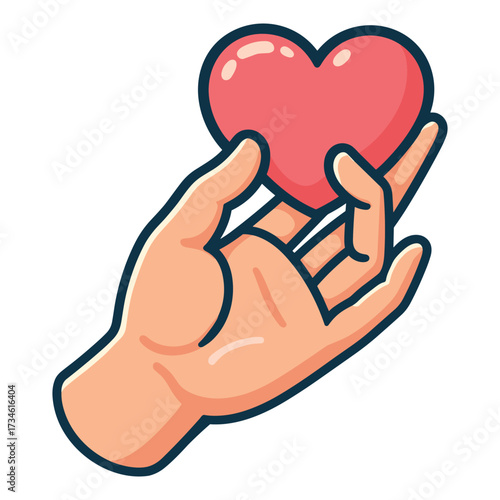 Cartoon hand gently cradles a vibrant pink heart, symbolizing love, charity, and compassion.