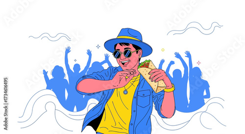 Vibrant illustration of a joyful man enjoying a burrito at a lively outdoor music event scene