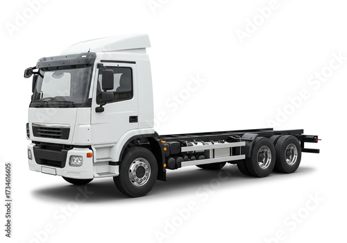 Powerful white truck chassis ready for customization in a clean, modern studio setting, perfect for logistics and transport industries