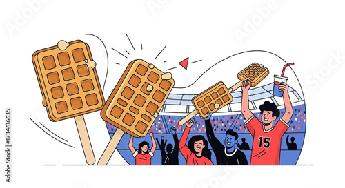 Waffle lovers fans crowd cheering with waffle signs at a sporting event stadium crowd in