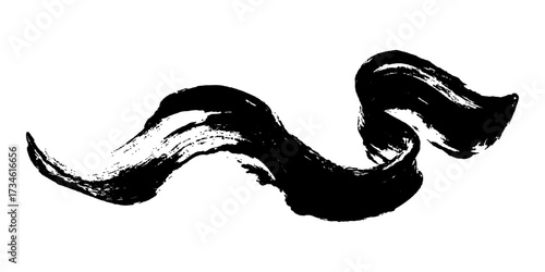Single one black paint brush stroke isolated on white background. Smudged black mascara isolated on white background. Cosmetic product swatch. Paint brush stroke