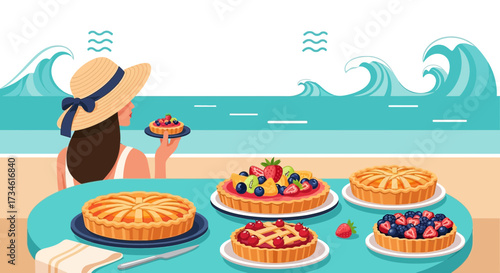 Whimsical beach picnic scene with an array of colorful fruit pies and ocean backdrop