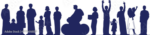 Inclusive community silhouettes of diverse people in line, representing age, gender, disability, interaction, unity, equality, and social diversity