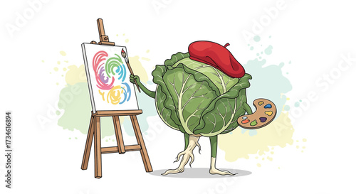 Whimsical Illustration of a Cabbage Artist Painting Colorful Swirls on a Canvas