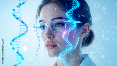 Woman biologist analyzing DNA with futuristic digital interface