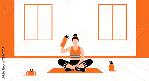 Woman in lotus position meditating indoors with water bottle after workout session