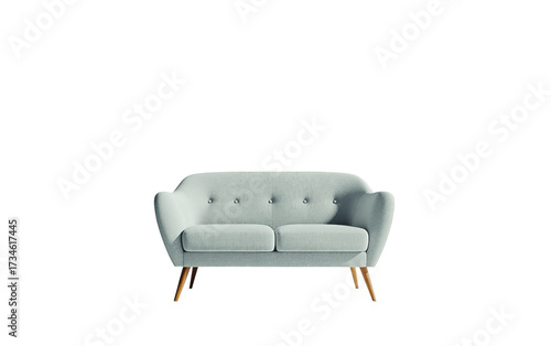 Elegant two seater sofa in light gray upholstery with wooden details for stylish interiors isolated on transparent background PNG
