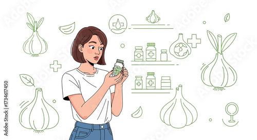 Woman examines garlic extract bottle against a backdrop of health and wellness iconography