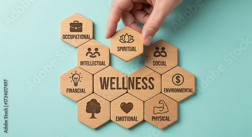 Hand placing wooden hexagon with spiritual icon on wellness concept with occupational, intellectual, physical, emotional and social aspects