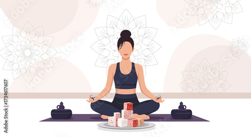Woman meditating with turkish delight in a serene setting promoting relaxation and mindfulness