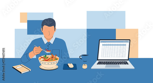 Work from home lunch break illustration showing a man eating soup with a laptop nearby depicting a