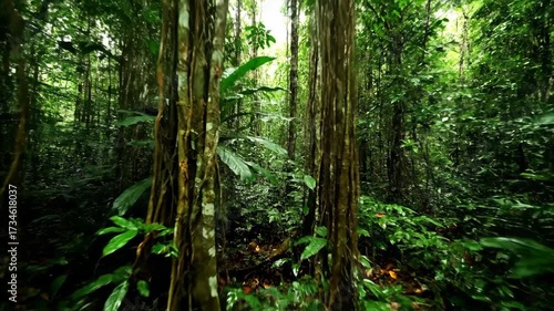 Slow tracking shot through dense, vibrant tropical island jungle foliage with soft diffused light tropical, journey, exploration