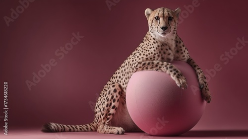 A cheetah rests on a large pink ball against a pink background. The cheetah has a spotted coat and a relaxed posture, showcasing its sleek body.