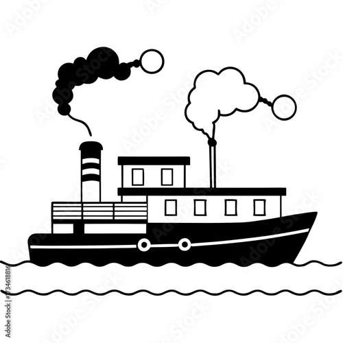 Black white illustration of a steamship sailing on wavy water smoke emitting its chimneys
