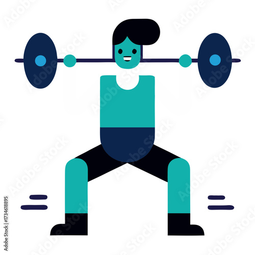 Stylized character performing a barbell squat, representing fitness weightlifting