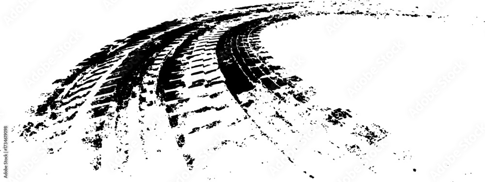 Fototapeta premium Vector black-and-white tire tracks and skid marks isolated white background. Tire trace track wheels texture and background, Auto tire tread grunge, Car wheel tyre tread track black tyre print,