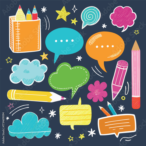 Colorful doodle illustration with pencils, speech bubbles, stars, and sketchy hand-drawn style