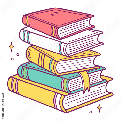 Stack of colorful vintage books sparkling magical elements