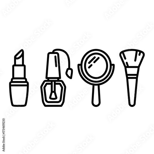 Line art illustration of lipstick, nail polish, mirror, and makeup brush for beauty.