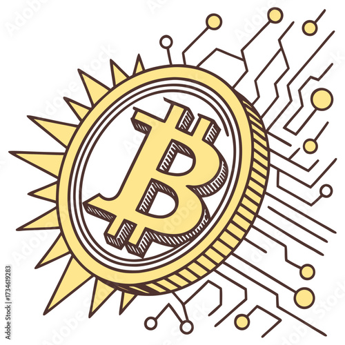 Bitcoin cryptocurrency coin digital circuit board pattern, symbolizing digital finance technology