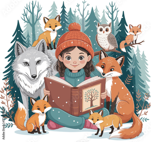 Child reading book in snowy forest with wolf, foxes, and owl, cozy winter scene, magical storytelling vector illustration, nature and wildlife theme