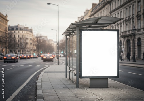 Urban Bus Stop Billboard Mockup in Paris, France, with Blank White Advertising Space