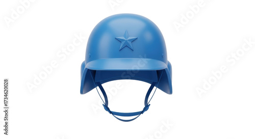 Isolated blue army helmet with star insignia, security headgear, military head protection