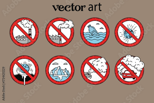 Set of prohibition signs illustrating environmental pollution and damage