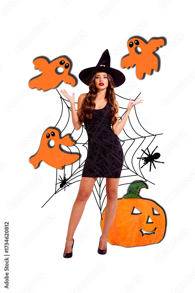 Obraz premium Vertical photo collage of sexy woman witch enchantress do magic paranormal ghost pumpkin decor spider net isolated on painted background