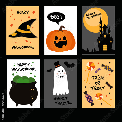 Halloween cute greeting cards with pumpkin, ghost and sweets