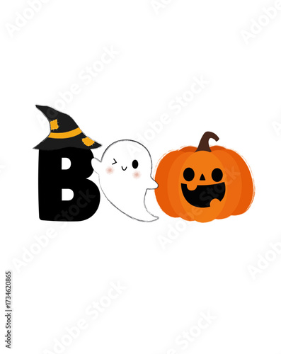 Halloween cute greeting with cute ghost and pumpkin