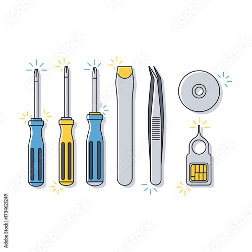 Collection of electronic repair tools and SIM card ejector tool