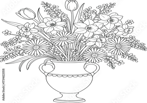 Detailed black and white drawing of a vase filled with various flowers.