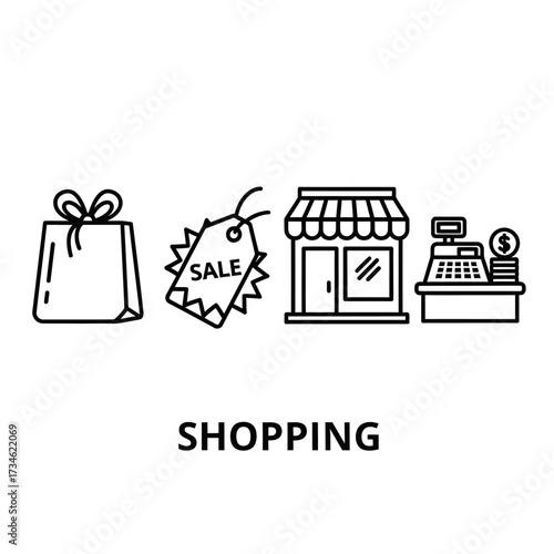 Shopping icons: bag, sale tag, store, and cash register.