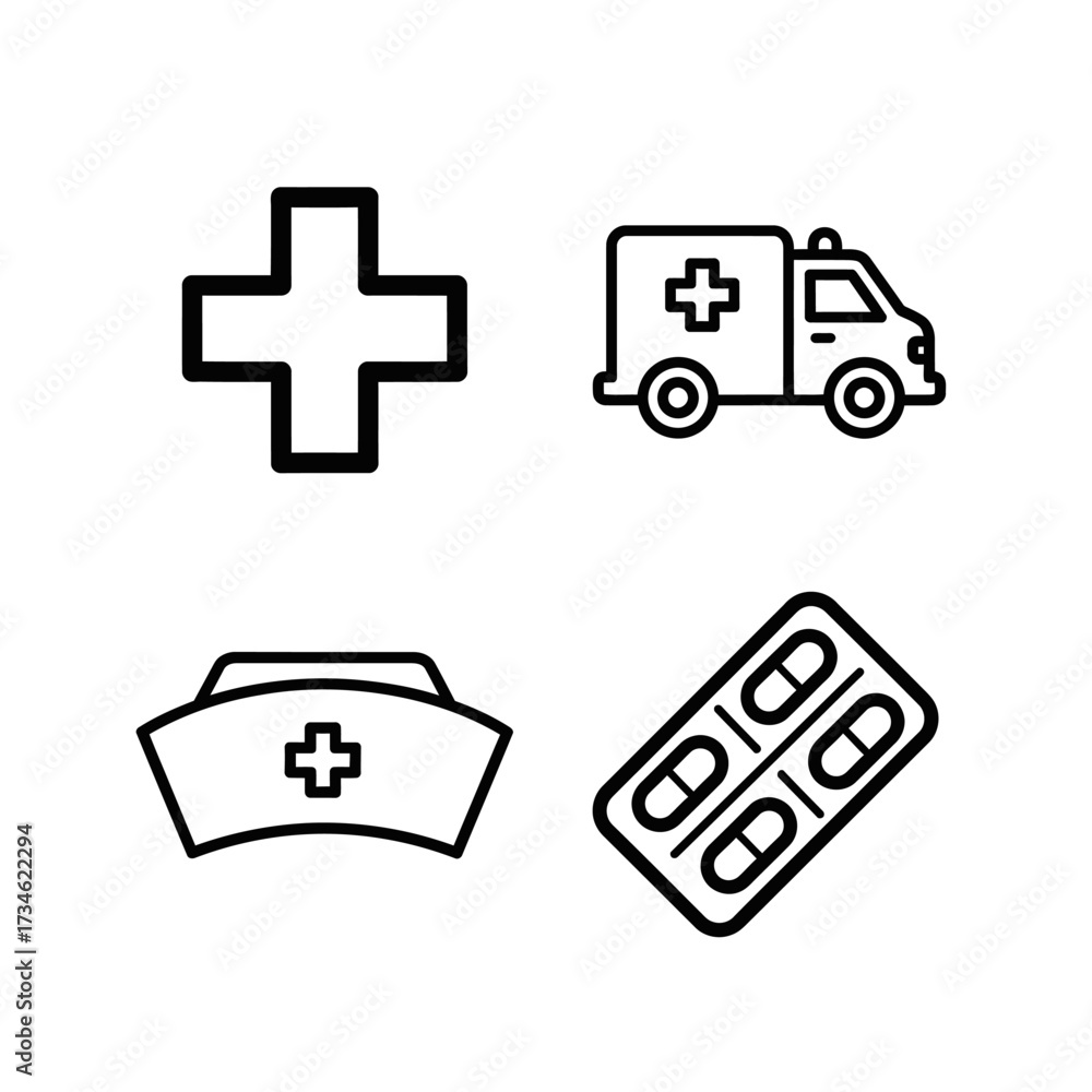 Obraz premium A collection of four simple black and white medical icons, including a cross, an ambulance, a nurse's cap, and a blister pack of pills.