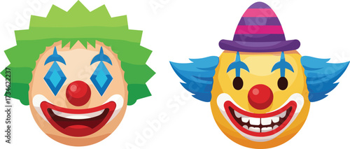 Colorful cartoon clown faces with exaggerated expressions, vibrant makeup, circus theme, festive design, playful characters, joyful emotion, entertainment illustration
