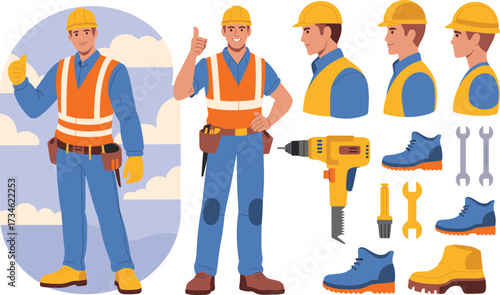Construction worker character set with tools, helmet, safety vest, boots, drill, wrench, cartoon vector design for building, repair, engineering, industrial illustration