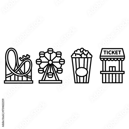 Black line icons set amusement park and carnival elements. Rollercoaster, Ferris wheel, popcorn, ticket booth. Vector illustration for fun, fairground, and entertainment themes